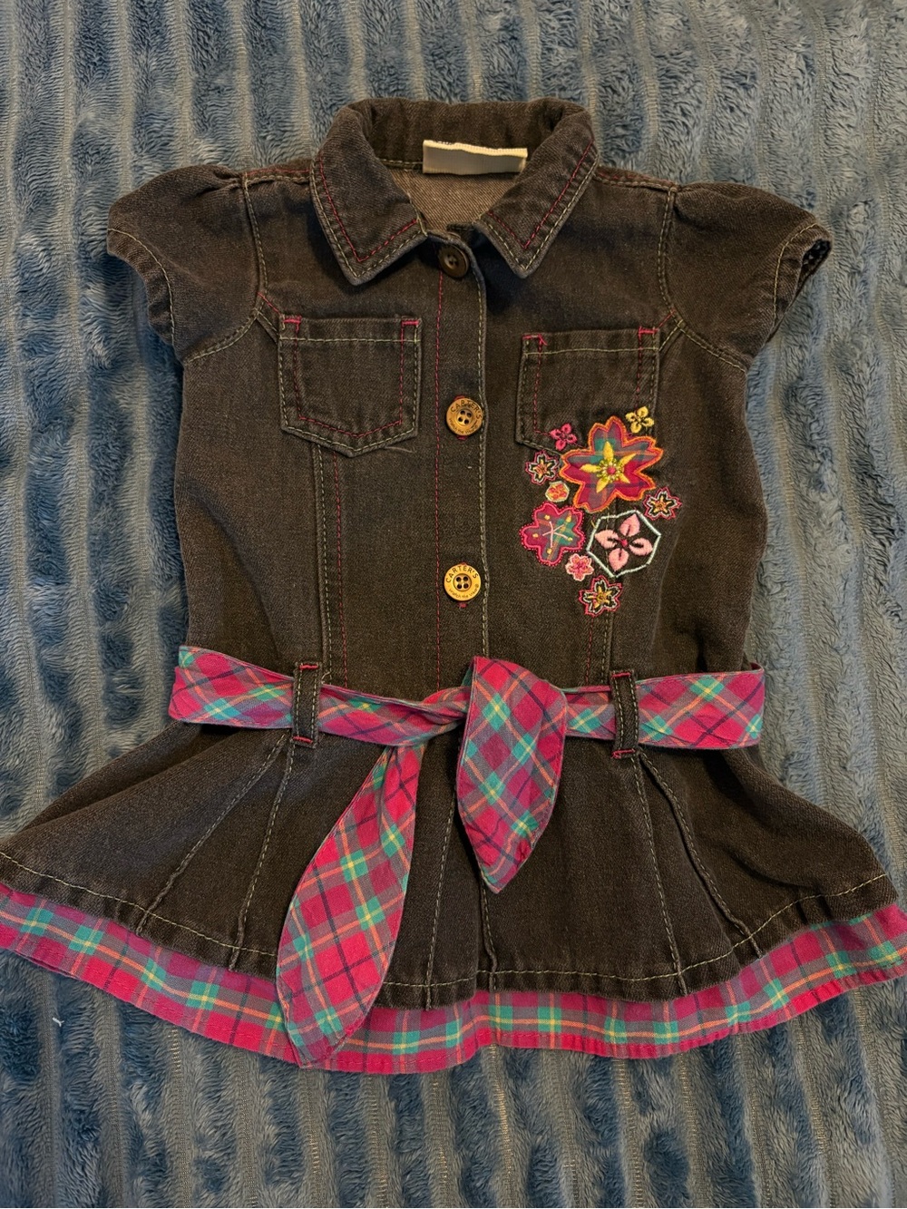 Vintage Carter's Dark Denim and Plaid Dress with Floral Embroidery
